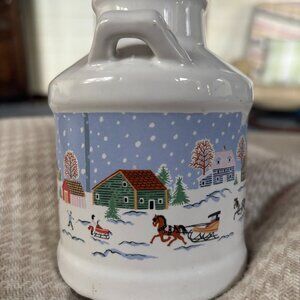 Vintage Ceramic Mini Jug Vase – Winter Village Scene – Horse Sleigh – Small Deco